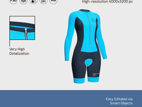 Front and 34 View of 3 Womens Cycling Suit Mockups 1