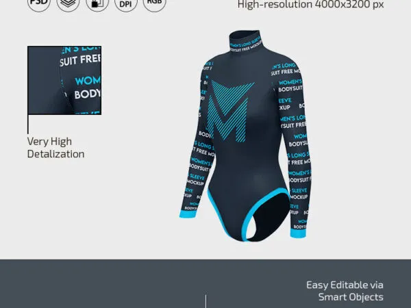 Front and 34 View of 3 Womens Long Sleeved Bodysuit Mockups 1