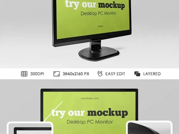 Front and 34 Views of a Desktop PC Monitor Mockups 1