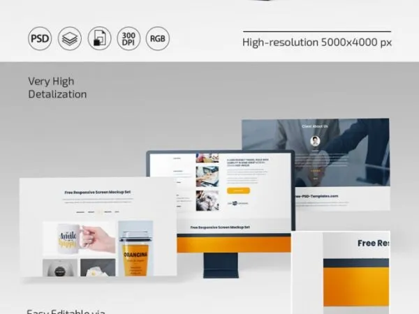 Front and Perspective View of 3 Responsive Screens Mockups 1