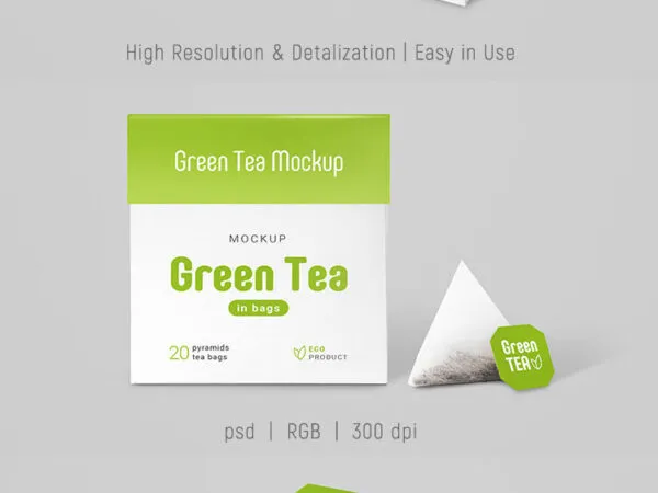 Front and Perspective View of Two Tea Bags and Packaging Mockups 1