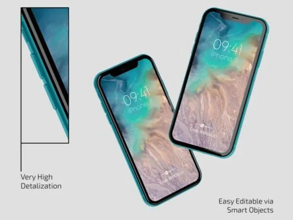 Front and Perspective View of Two iPhone 11s Mockups 1