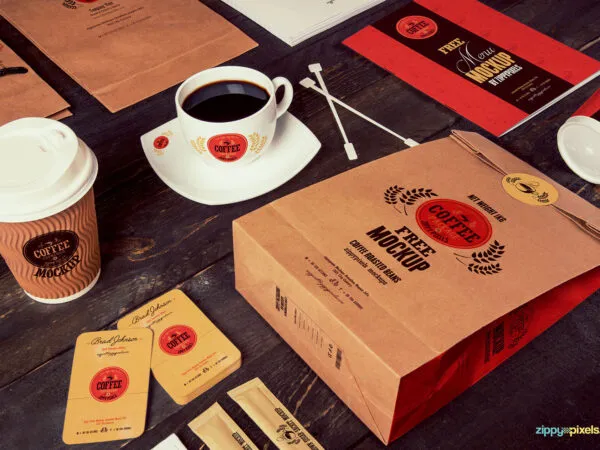 Full Package Coffee Branding Mockup with Business Cards 1