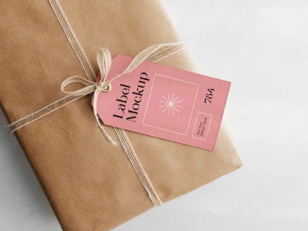 Gift Card Mockup Hung From Wrapped Package in Top View 1