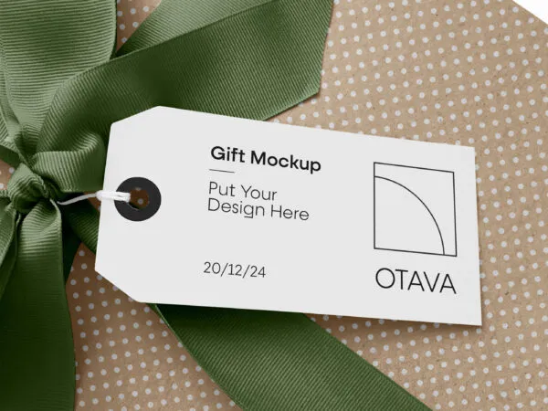 Gift Tag Mockup Attached to the Present Box Ribbon 1