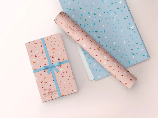 Gift Wrapping Paper Rolled and Flat Mockup with Wrapped Gift 1