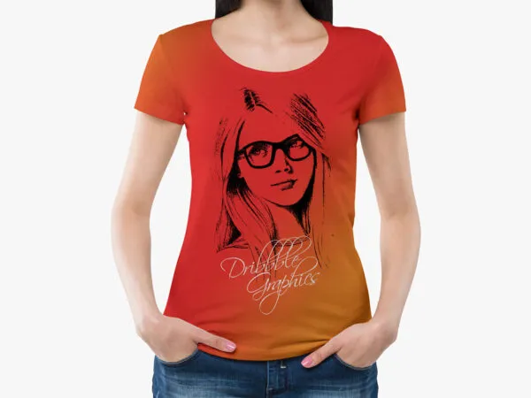 Girl Wearing Round Neck T shirt Mockup with Hands in Pockets 1