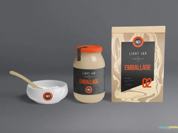 Glass Jar Mockup Featuring a Bowl and a Paper Bag in Front View 1