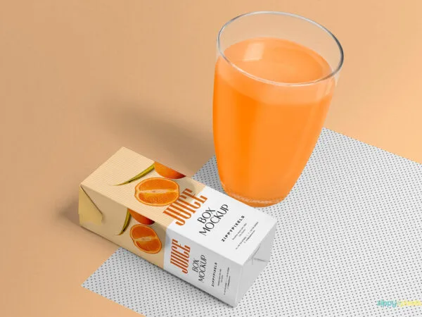 Glass of Healthy Juice and Box Packaging Mockup 1