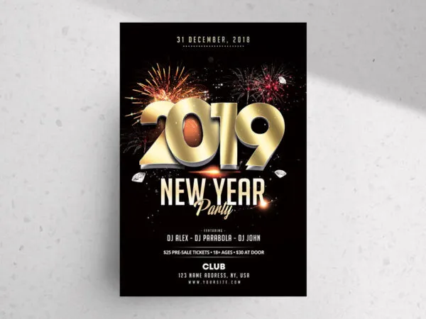 Glitter Black and Gold New Year Party Flyer Template 1