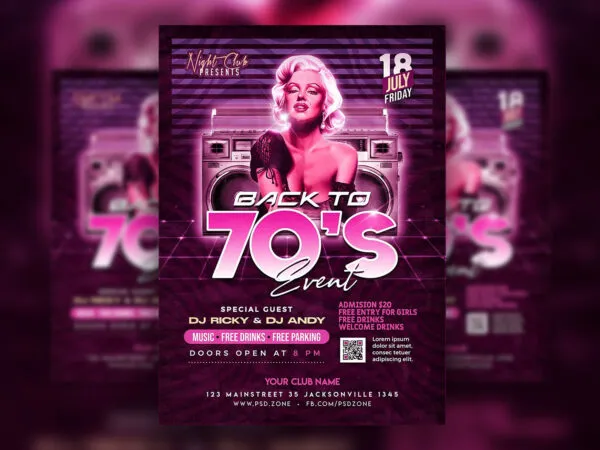 Glitter Neon Retro Music Event Party Flyer Template 1