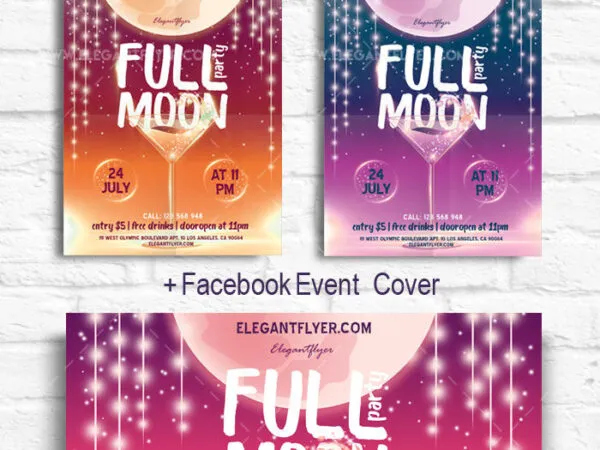 Glittering Illustrated Full Moon Party Flyer and Facebook Cover Templates 1