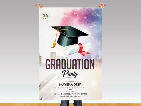 Glittering Illustrated Urban Graduation Party Flyer Template 1