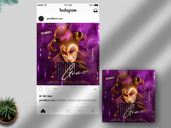 Gold and Purple Mardi Gras Party Flyer Instagram Template 1
