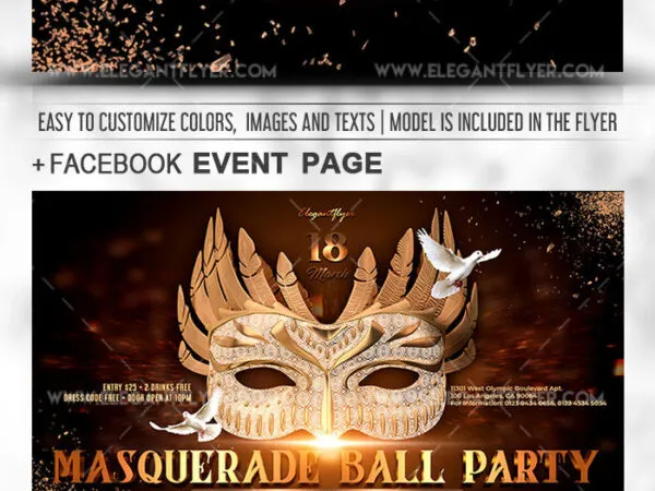 Golden Glitter Masquerade Ball Party Flyer Instagram Post and Facebook Cover Templates 1