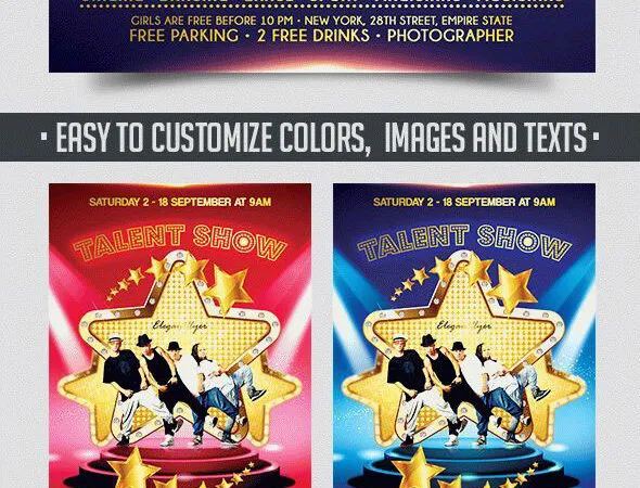 Golden Modern Thematic Talent Show Flyer Along with Facebook Cover Templates 1