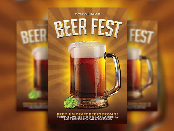 Golden Striped 3D Beer Fest Flyer Template 1