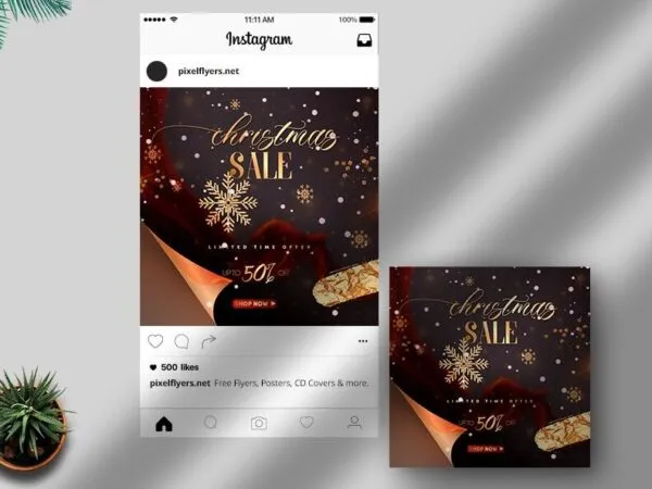 Golden and Dark Red Christmas Sale Instagram Post Template 1