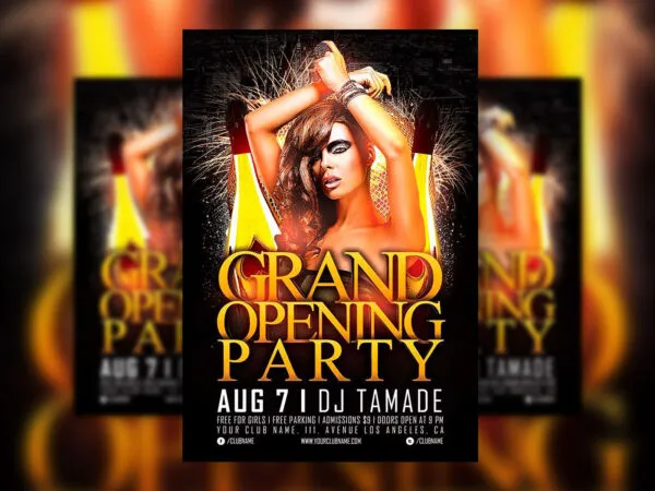 Grand Opening Party Flyer Featuring a Night View Background with Sparks 1