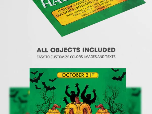 Green Illustrated Spooky Halloween Party Flyer Template 1