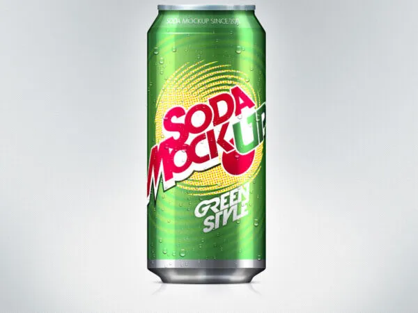 Green Soda Can Bottle Covered with Water Drops Mockup 1