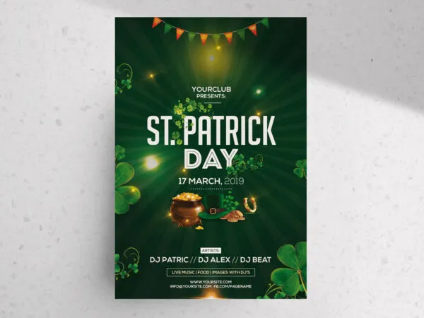 Green Sparkling 3D Saint Patricks Day Party Flyer Template 1