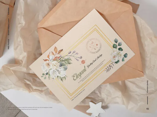 Greeting Card Laid on Kraft Envelope in Top View Mockup 1