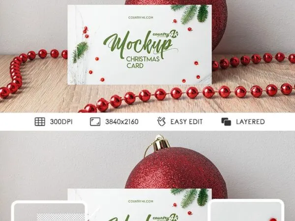 Greeting Card Mockup in the Front View Featuring Christmas Ball and String of Beads 1