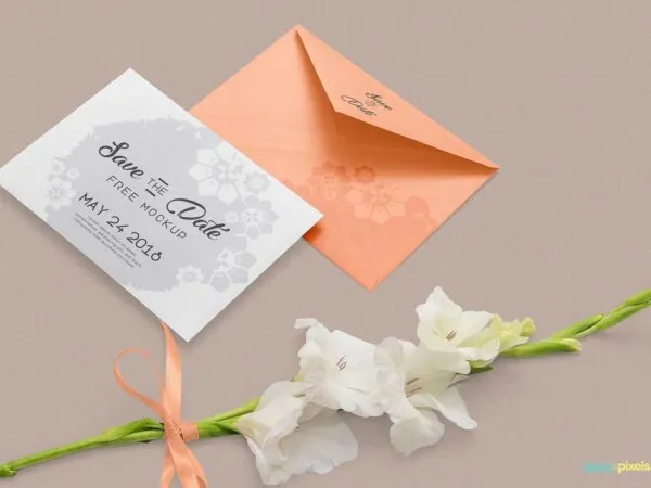 Greeting Card and Envelope With a Ribbon Tied Flower Mockup 1