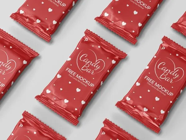 Grid of Candy Bar Packaging in Overhead View Mockup 1