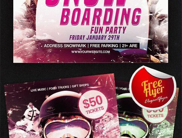 Grunge Bright Snowboarding Fun Party Flyer Template and Facebook Cover 1
