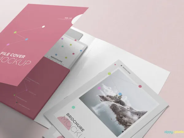 Half Open Folder with Two Brochures Mockup 1