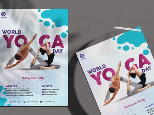 Halftone with Triangle Patterns World Yoga Day Flyer Template 1