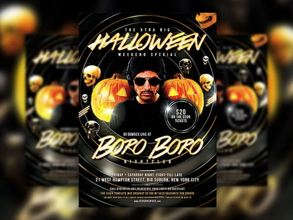 Halloween Fest Flyer Template Featuring Skulls Pumpkins and Neon Circles 1