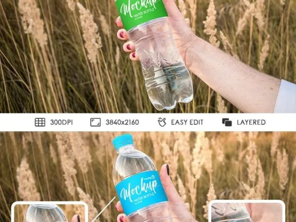 Hand Holding Water Bottle Mockup in Realistic Setting 1
