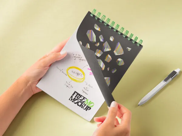 Hands Holding Spiral Notebook Mockup in Perspective Sight 1