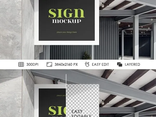 Hanging Wall Sign Mockup in Facing View 1