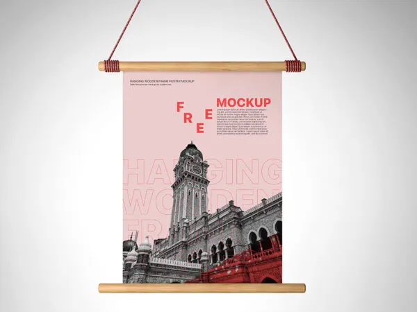 Hanging Wooden Frame Poster Mockup in Front View 1