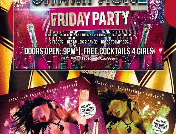 Happy Colorful Cartoon Champagne Club Party Flyer Template 1