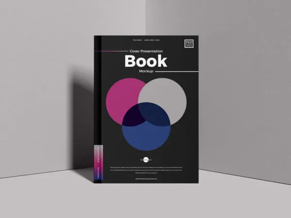 Hardcover Book Standing at the Corner of Two Walls Mockup 1