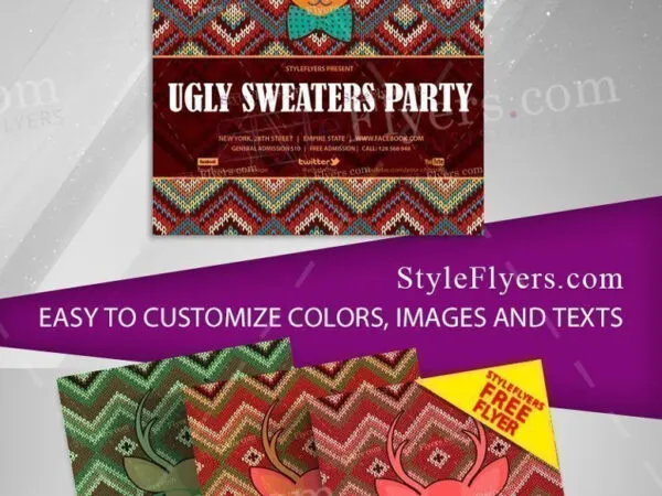 Hippie Retro Ugly Christmas Sweaters Party Flyer Template 1