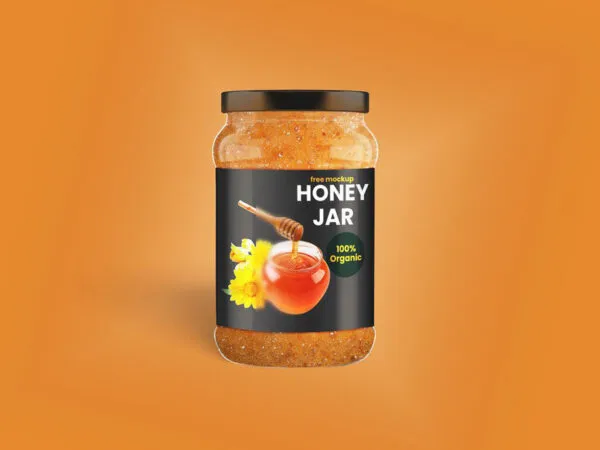 Honey Jar in Shrink Sleeve Standing in the Front View Mockup 1