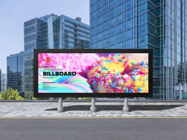 Horizontal Advertisement Billboard on the Roadside in Front View Mockup 1
