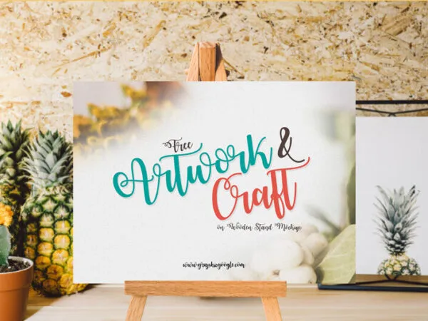 Horizontal Artwork on Wooden Stand Mockup 1