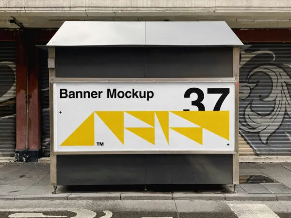 Horizontal Banner on Newspaper Stand Mockup in Front Angle 1