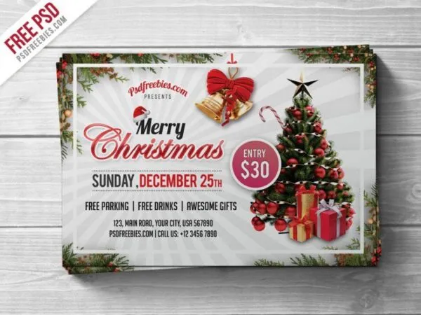 Horizontal Merry Christmas Party with Christmas Tree Flyer Template 1