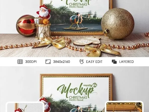 Horizontal Photo Frame Mockup Front View Featuring Santa Claus and Christmas Elements 1