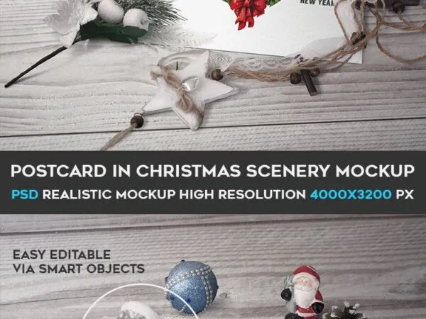 Horizontal Postcard Laid in Perspective Along with Christmas Ornaments Mockup 1