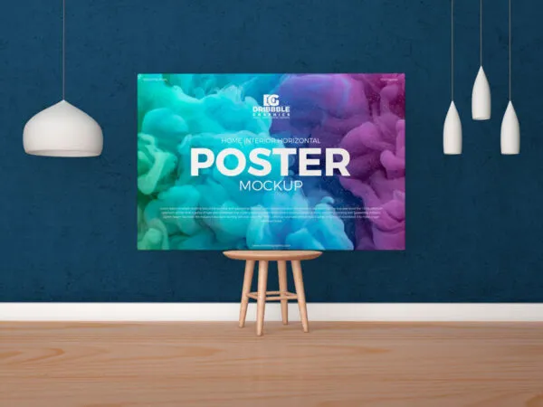 Horizontal Poster Canvas on Wooden Stool Mockup in Indoor Setting 1