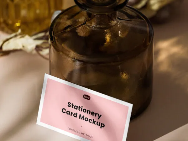 Horizontal Stationery Card Mockup with Vase in Perspective View 1